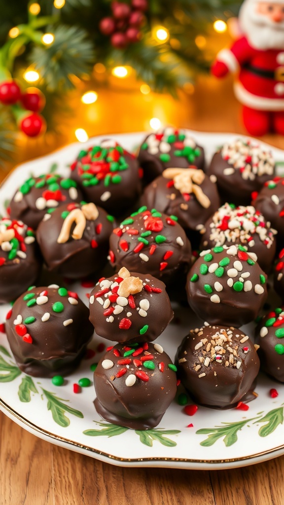 Chocolate-coated Christmas cake truffles on a festive plate with sprinkles and holiday decorations.